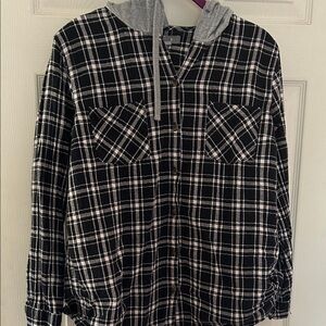 Natural Reflections Black and White Plaid Shirt with Hood
